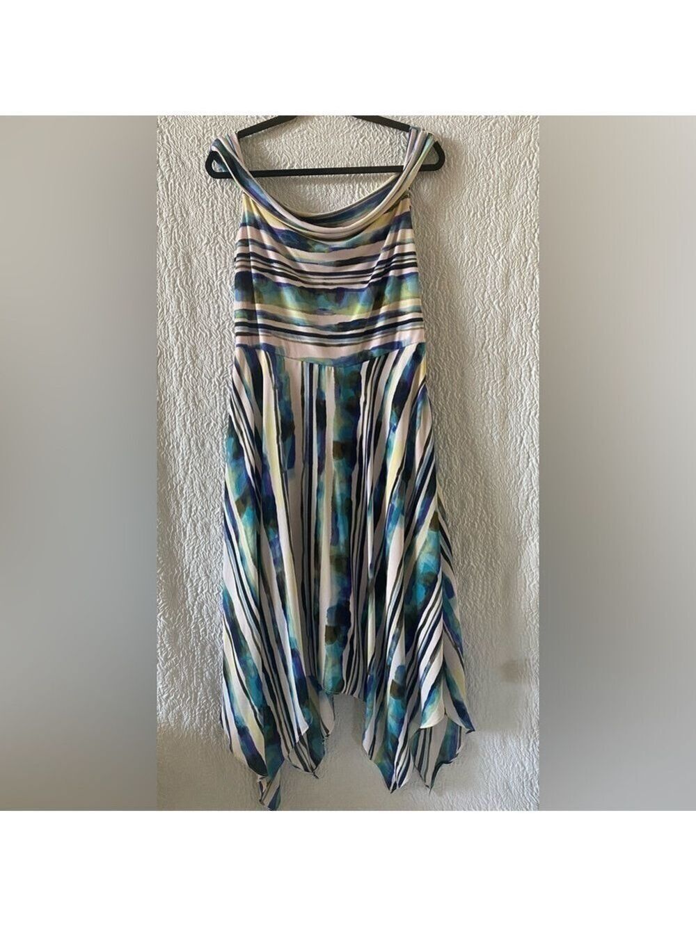 ECI NY Asymmetrical Abstract Print Cowl Neck Sheer Overlay Midi Y2K Fairy Dress